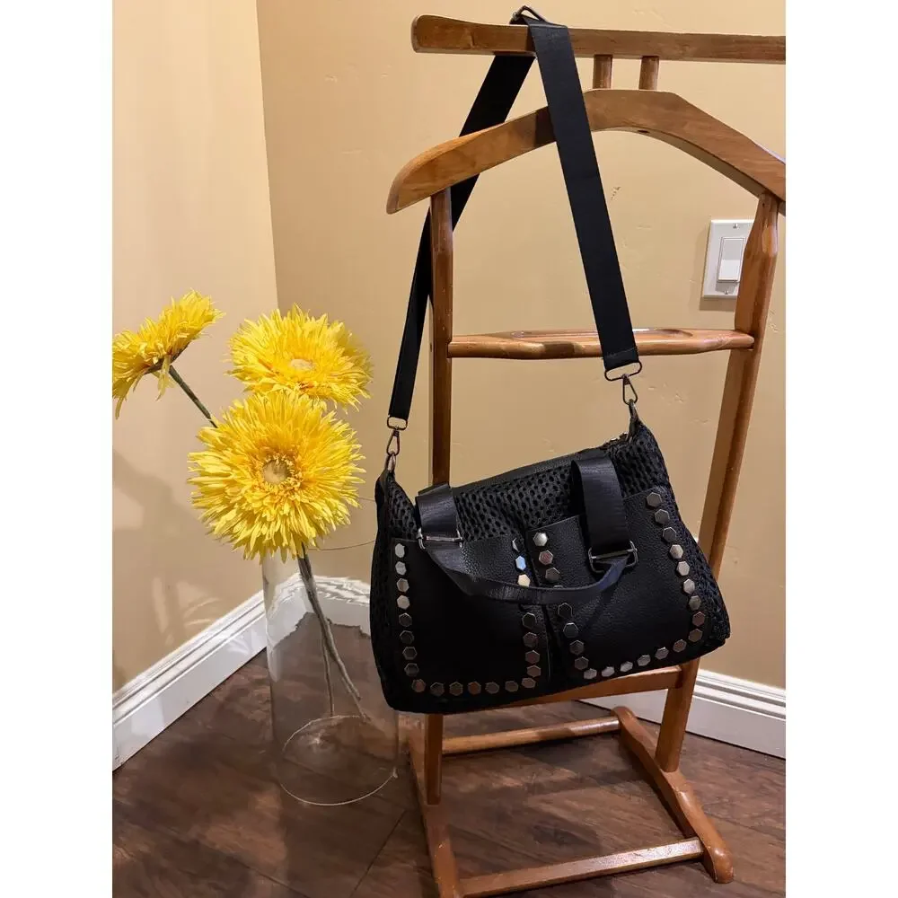 Black Woven & Studded Convertible Crossbody Shoulder Bag - Boho Edgy Satchel
